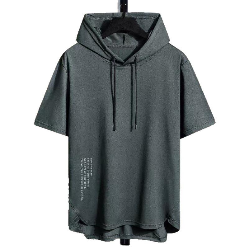 Solid color men's hooded short-sleeved T-shirt men's summer breathable loose hoodie trendy men's thin pullover half-sleeved sweatshirt