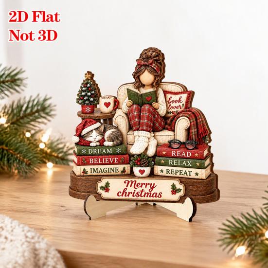 Retro Christmas Centerpieces Book Lover Gifts for Women, Just A Girl Who Loves Wooden Plaque, Winter Home Decor 2D Flat Reading Block Sign with Stand