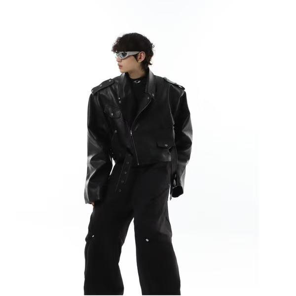 Herren Lederjacke im amerikanischen Retro-Stil, Rotes Innenfutter, PU, Frühling/Herbst, Kurz, Weiter Schnitt