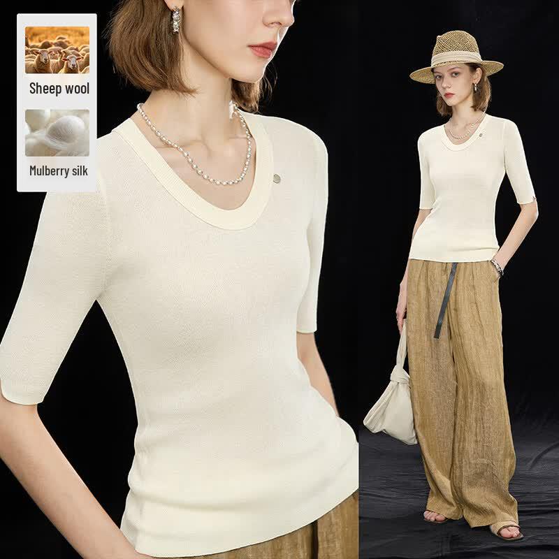 Wudao Women s Merino Wool & Silk Blend U-Neck Top One Size