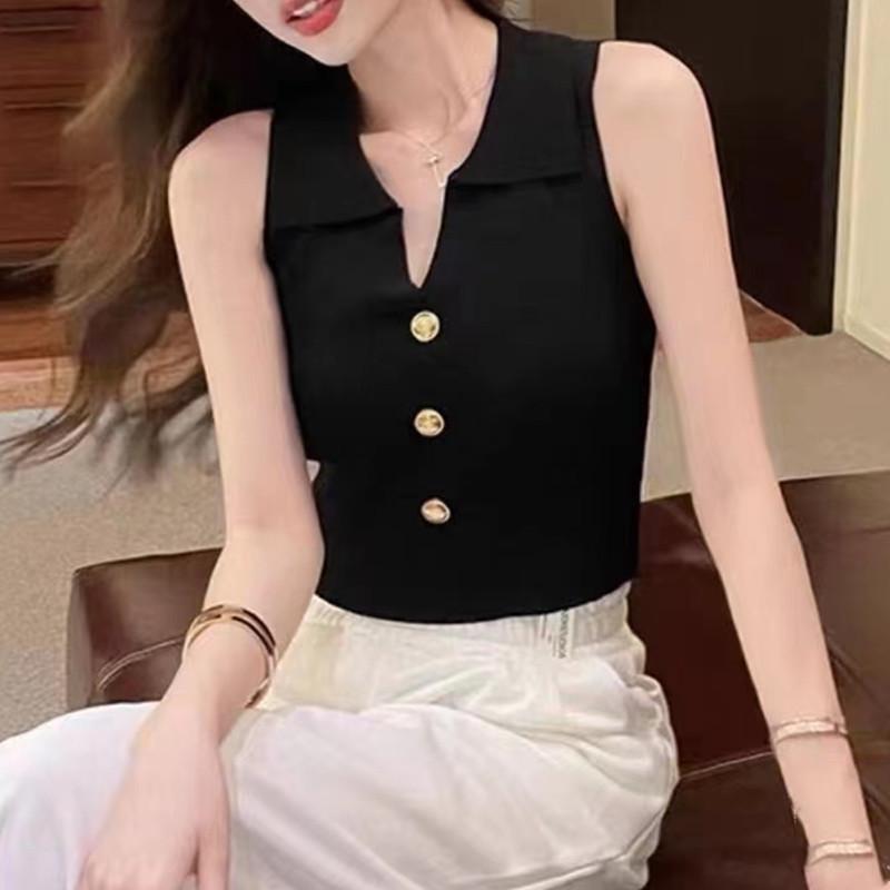 

Chic Polo Collar Knit Vest - Slimming Summer Style for Women One Size чёрный