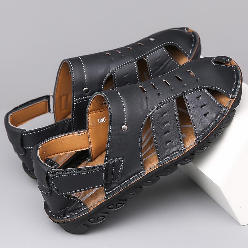 Men Brown Flats Slippers Summer Outdoor Wide Head Hiking Sandals Retro Black Leather Closed Toe Beach Shoes Plus Size