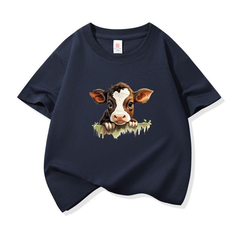 Kids Cotton T Shirt Cute Baby Cow Peeking Over Grass Print Crew Neck Short Sleeve Tee Casual Boys Girls Summer Tops