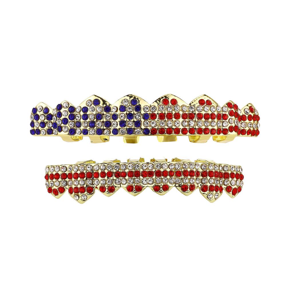 Hip Hop Style New 8 Teeth Grillz Trendy Iced Out 18K Gold Plated Grillz Red Blue Zircon Body Jewelry