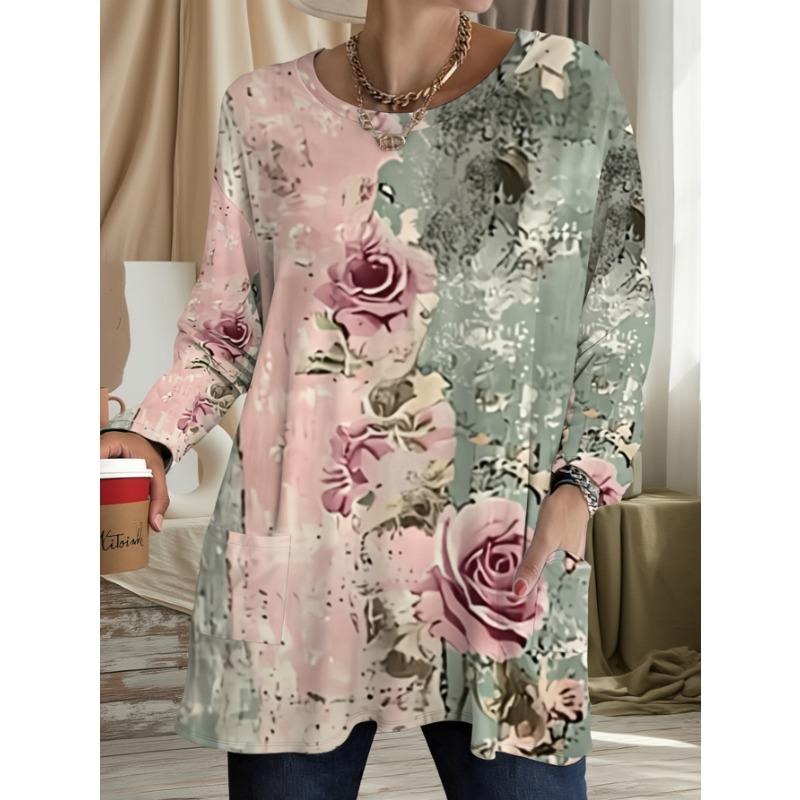 Women s Large Size Vintage Rose Print Long Sleeve T-Shirt with Pockets S