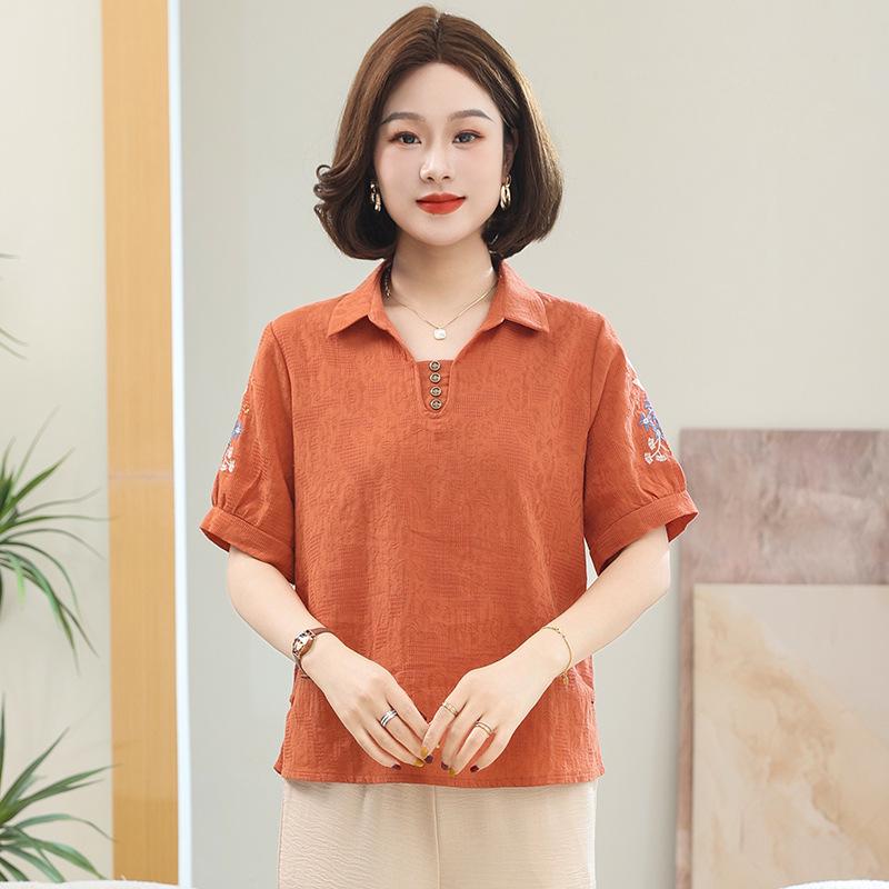 

Embroidered Cotton-Linen Shirt: Women s Short Sleeve Loose Casual Top 4XL (135-150 lbs)
