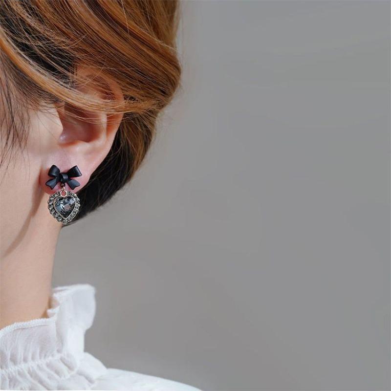 Fashion Elegant Black Bow Heart Drop Earring Women Personality Earrings Party Trending Jewelry