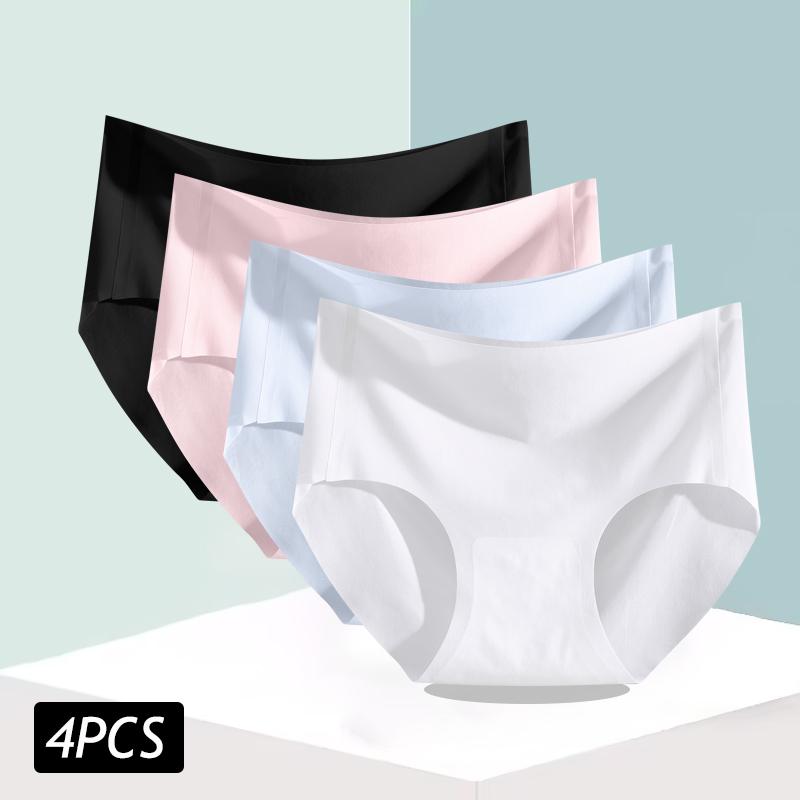 4PCS/Set Women's Ice Silk Seamless Panties Ultra Thin Briefs Breathable Underwear Female High Waist Intimates Lingerie Plus Size