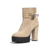 Women's Suede Chunky Heel Boots with Platform, Side Zipper, and Metal Decoration