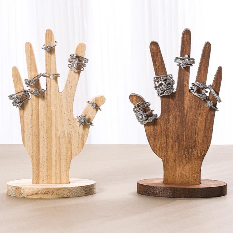 2 Piezas Escultura de Madera Maciza con Forma de Mano para Anillos Elegante Soporte de Exhibición de Joyería y Accesorios para Escaparate de Boutique