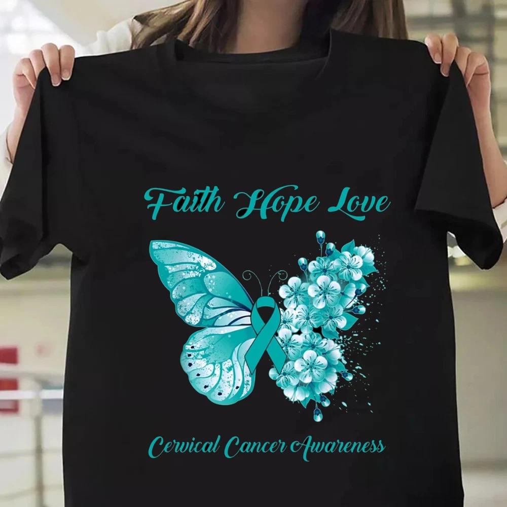 Faith Hope Love Tshirt Cervical Cancer Awareness Tee Teal Ribbon Butterfly S