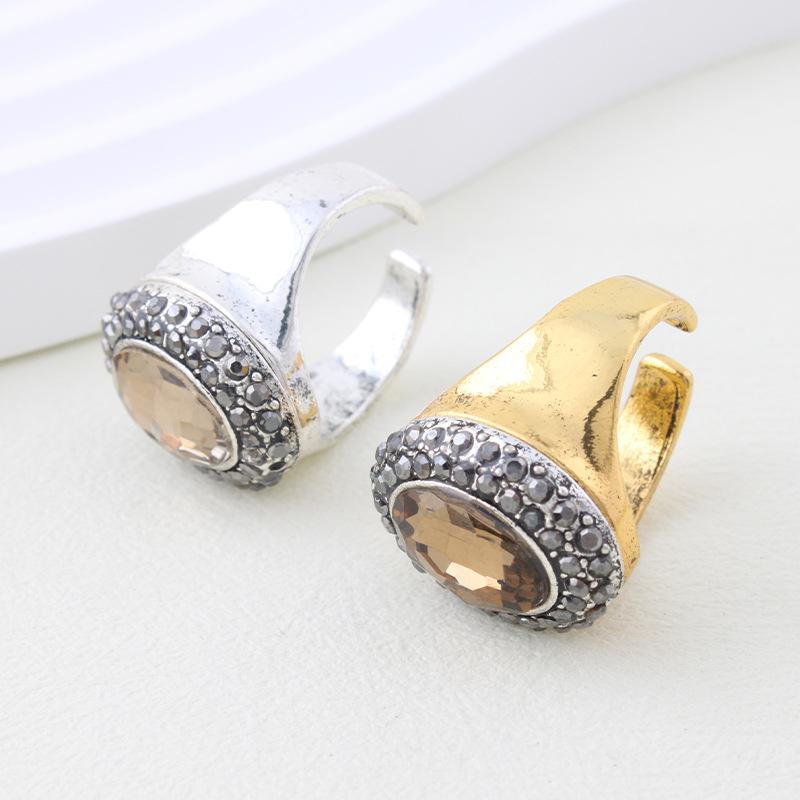 Oval Crystal Diamond-set Open Ring Retro Full Diamond Personality Exaggerated Size Adjustable Ring