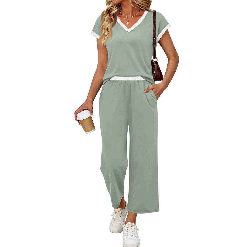 Women Two Piece Set Casual Outfits V Neck Short Sleeve Top Elastic Waist Pants Lounge Wear Set for Travel Relaxed Fit