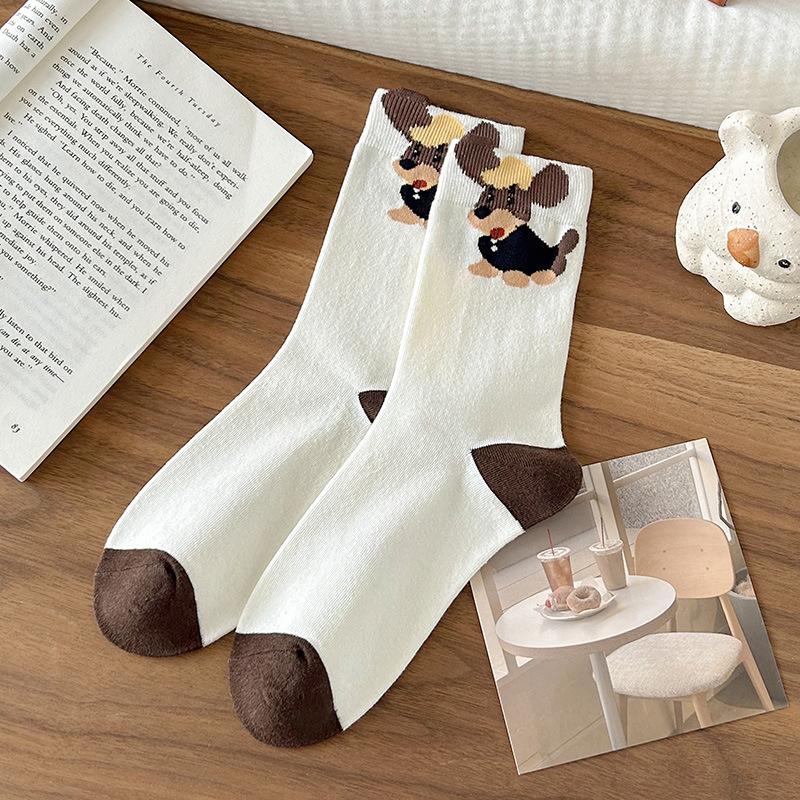 

Мультяшные носки, Женские осенне-зимние носки до середины икры с фестончатым краем, Милые носки с таксой Дуи, Коричневые длинные носки 1 pair