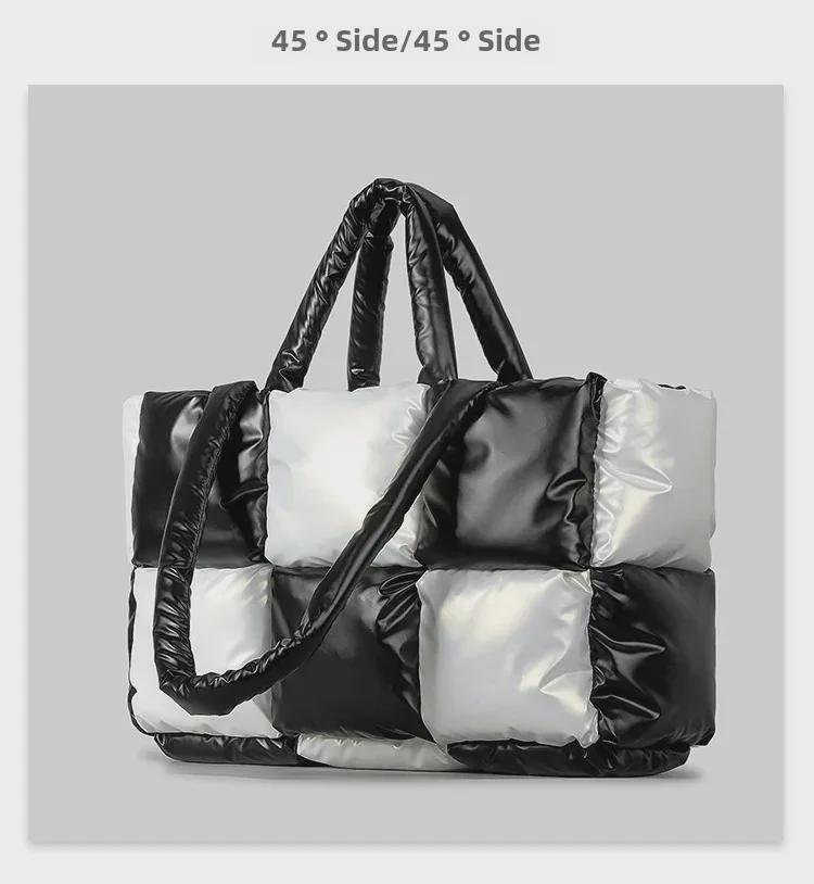 Women's Lightweight Black and White Checkered Tote – Soft, Down-Filled Shoulder Bag