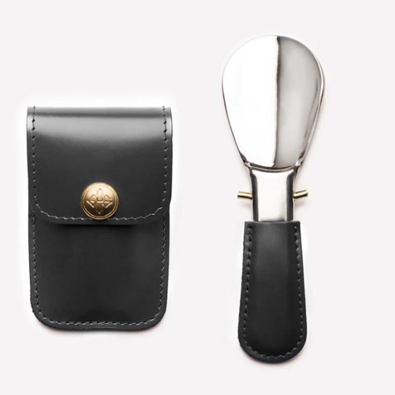 Calzador Plegable Portátil de Acero Inoxidable con Agarre Ergonómico de Cuero Calzador Portátil para el Hogar, Oficina, Viajes