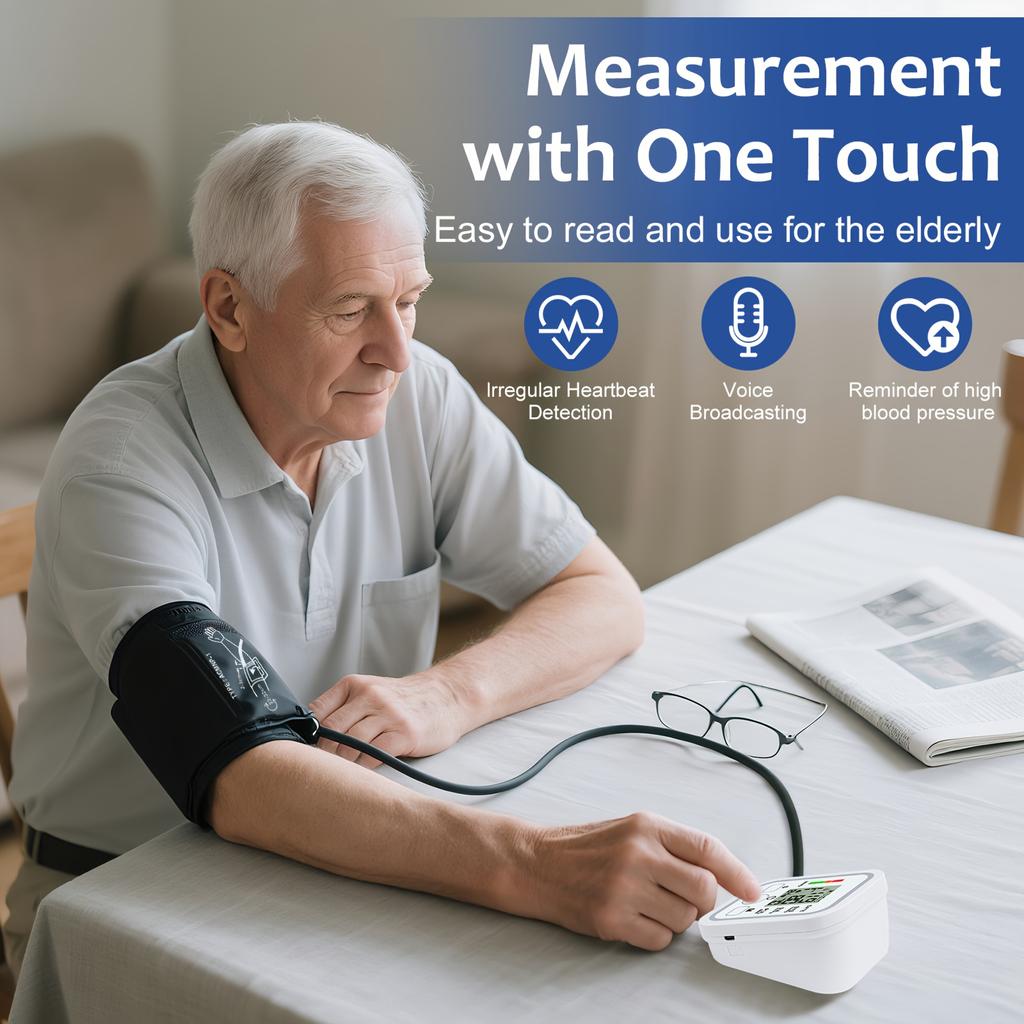 All-in-One Portable Upper Arm Blood Pressure Monitor Large LCD Display One-Touch Operation Voice Reports Hypertension Alerts
