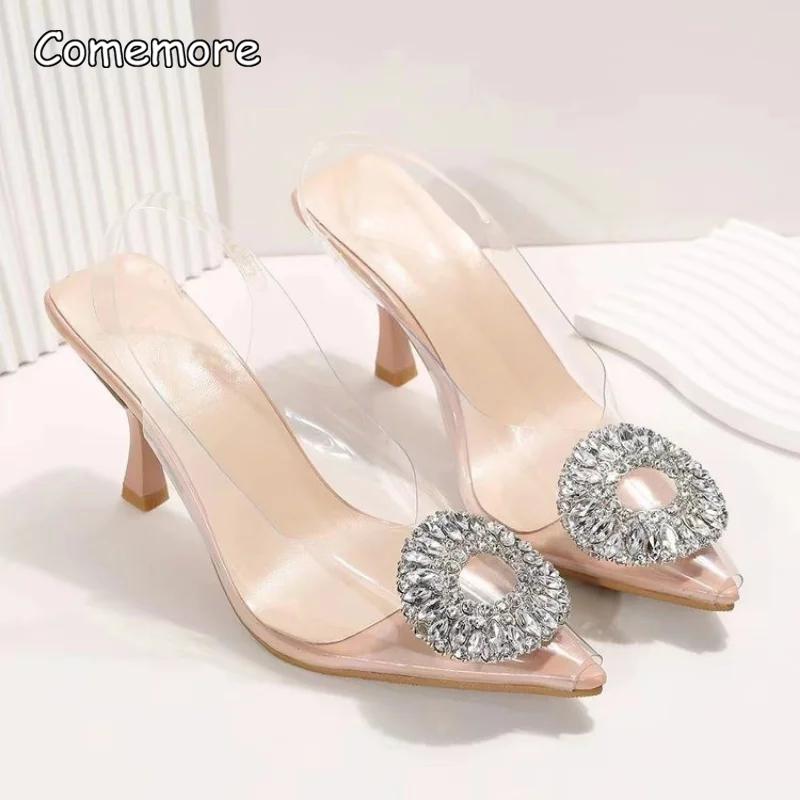 Comemore Luxury Rhinestone Pumps Transparent Heels PVC Women's Shoes 2025 Pointed Stiletto High Heesl Ladies Party Wedding Shoe