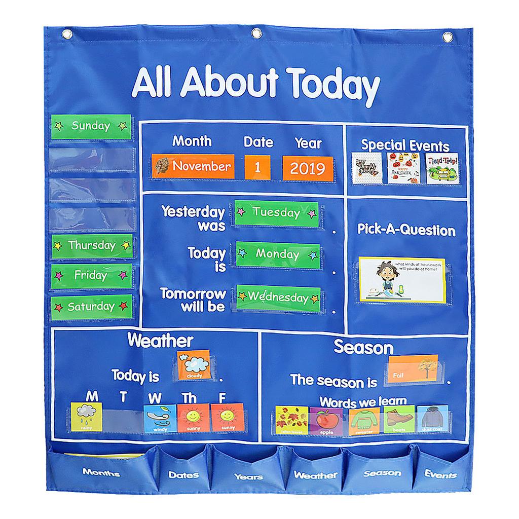 School Classroom Pocket Chart with Date Month Year Week Season Weather Event Cards Teacher Teaching