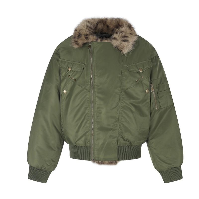 Mens Winter Vintage Flight Jacket Fleece Lined Padded Coat With Fur Collar
