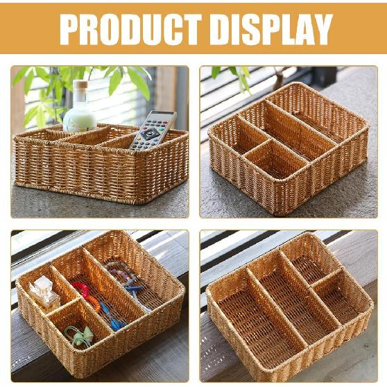 Luxshiny Rectangular Woven Storage Basket with 4 Compartments Table Divided Key Basket Box Wallet Tray Entryway Organizing Utensil Holder for Tissue