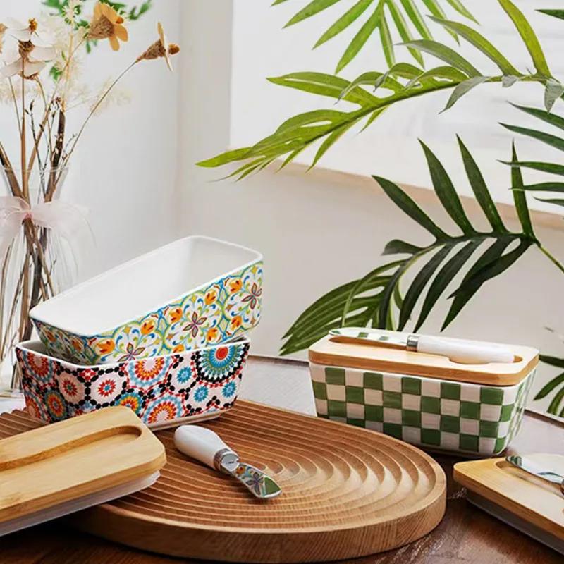 Butter Box Ceramic Thickened Storage Box with Lid Retro Household Kitchen Sealed and Fresh-keeping Cheese Storage Box
