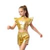 Sleeveless Ruffle Metallic Crop Top and Tear-away Side Snap Shorts Set Rhinestone Adorned Mesh Patchwork for Kids Jazz Hip Hop Dance