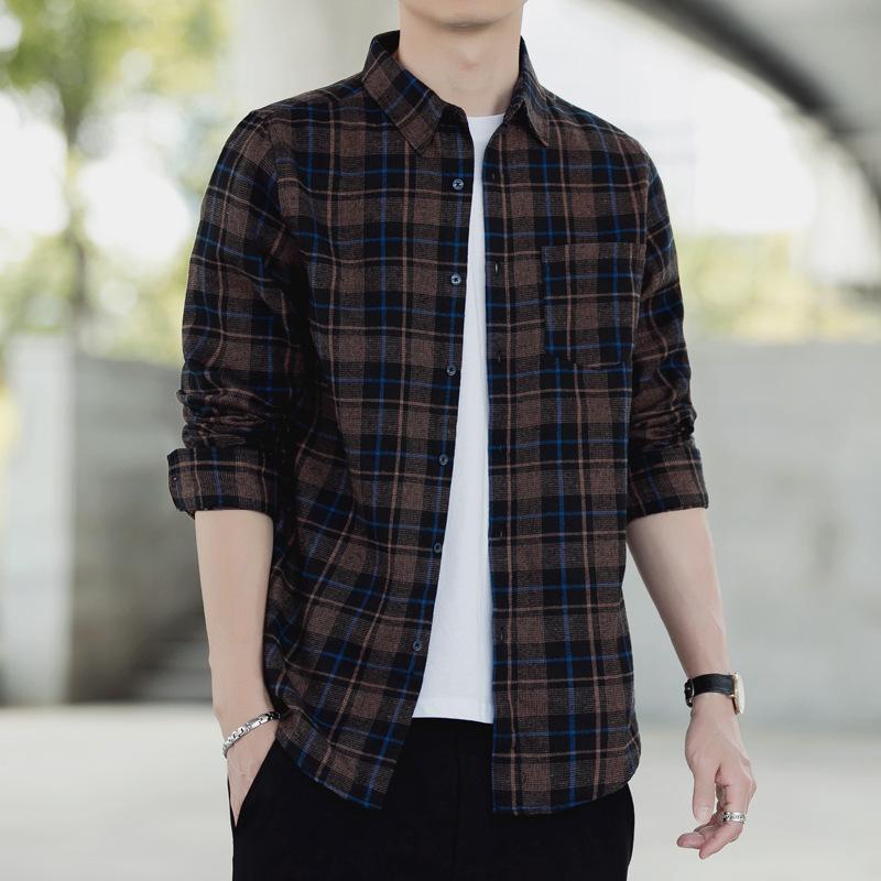 Retro Dark Plaid Long-Sleeve Men's Bottoming Shirt