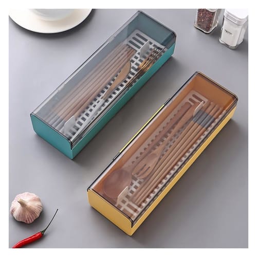 Large Capacity Cutlery Storage Box with Lid, Drainer, and Chopsticks Storage, Dustproof, Plastic Kitchen Storage Box with Lid, Kitchen Tabletop Suppli