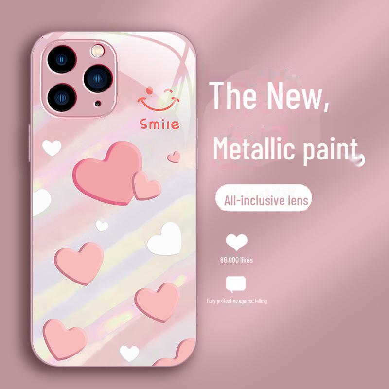 Gradient Love Smiley Liquid Glass Case for iPhone 11 Pro Max/XS/12 - Full Protection & Anti-Fall Lens