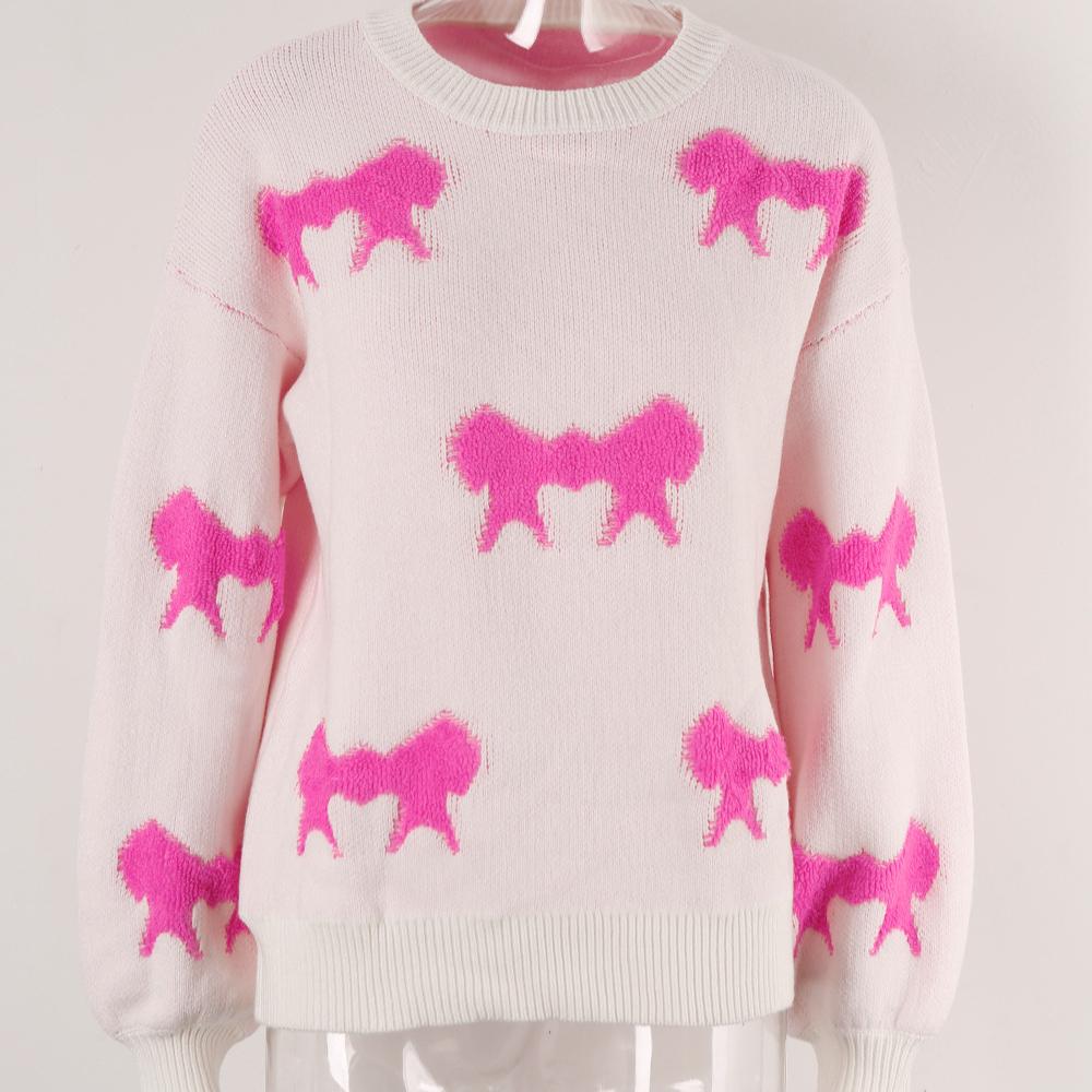 Autumn and Winter Women's Pullover Round Neck Long Sleeve Knit Bowknot Sweater