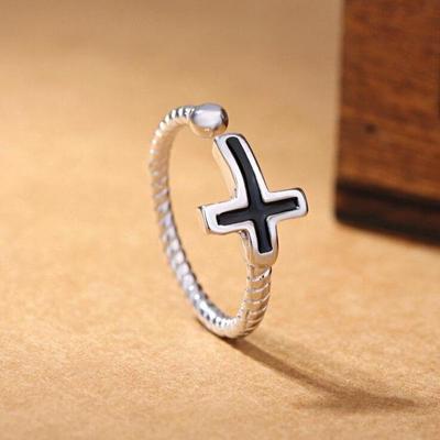 925 Sterling Silver Unique Black Vinyl Cross Shape Twist Rope Thai Silver Open Ring Jewlery For Men Women S-R59
