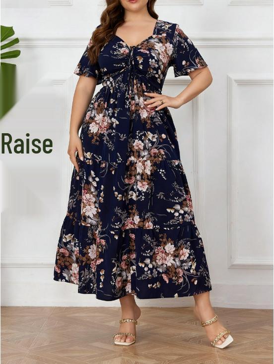 Plus Size Women s Middle Eastern Style Floral V-Neck Navy Blue Beach Dress with Cinched Waist 2XL темно-синий