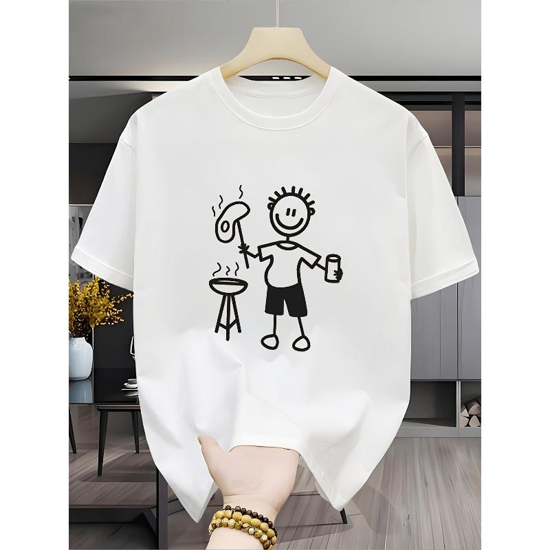European sizes Men'S Stylish Round-Neck T-Shirt with Barbecue Illustration Print, Perfect for Casual Outdoor Wear