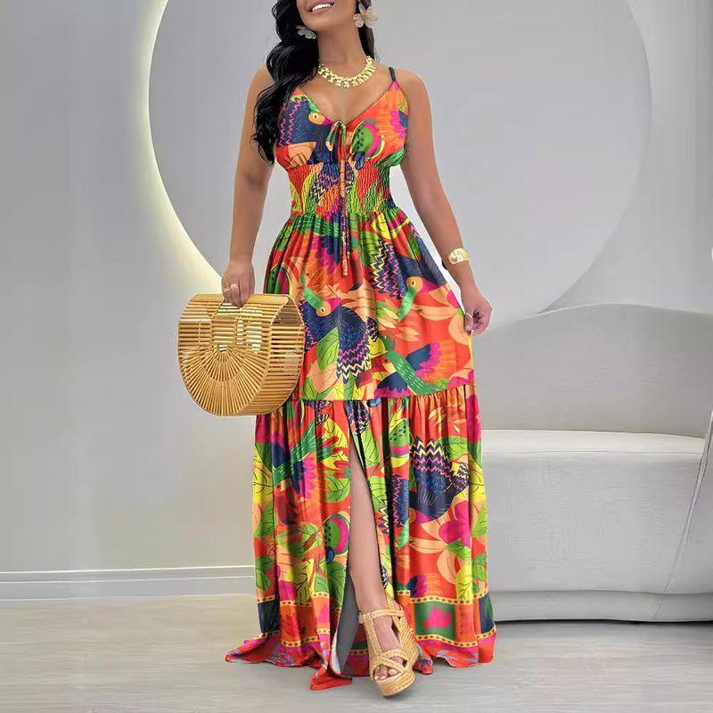 

Print Strap Ruffled Long Dress Orange Printed Waist-Controlled Spaghetti-Strap Ruffle Split Dress Color S