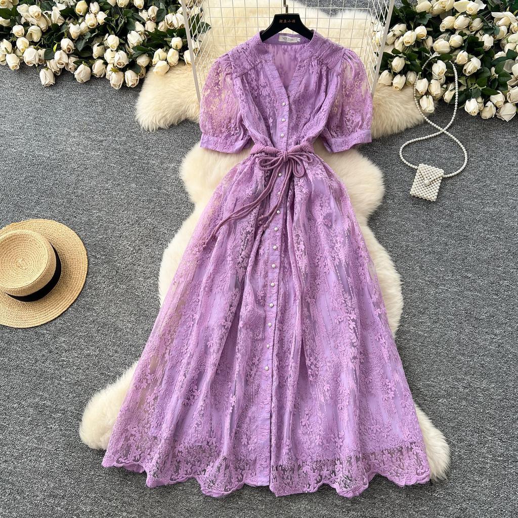 French high-end temperament dress women's summer fashion strap waist single-breasted embroidered mesh long skirt