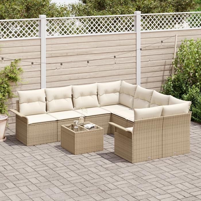 Ensemble de canapé de jardin 9 pièces avec coussins Beige Poly Rotin, Canapé de jardin 2 places avec rangement et coussins 3353970
