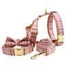 Light Pink Plaid Dog Collar and Leash - British Style, Engravable, Fresh Pattern.