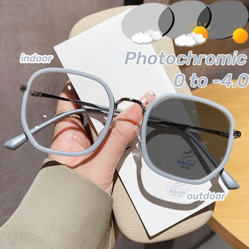 Trendy Milky Coffee Photochromic Myopia Glasses Anti Blue Light Sunglasses Women Fashionable Polygonal Short Sight Glasses