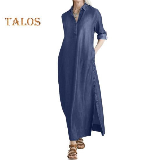 Dame Denim Maxi Kjole Casual Opprullede Ermer Splittkjole med Lommer Pluss Størrelse Knappelukking Revers V-hals Lang Kjole