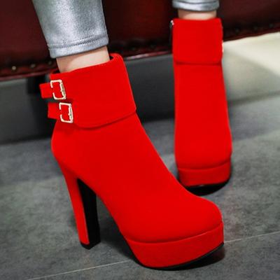 Czerwone Zamszowe Damskie Botki Jesień Zima Wiosna Czarne Wysokie Obcasy Krótkie Botki Dla Kobiet Buty na Imprezę Obuwie Duży Rozmiar Moda