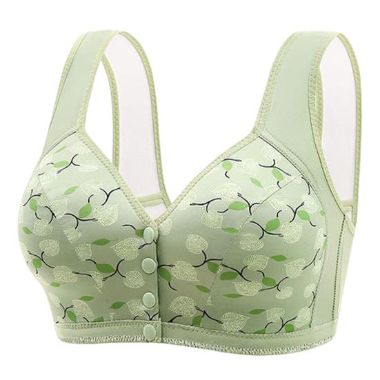 Mid-aged Women Sports Shoulder Strap Front Print Wireless Button Closure Floral Bra Elastic Good Breathability Shockproof
