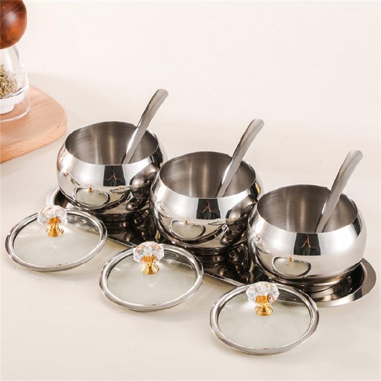 Practical Spices Jar Set with Serving Spoons Stainless Steel Spices Jar Set 3 Sections with Lid and Tray for Serving