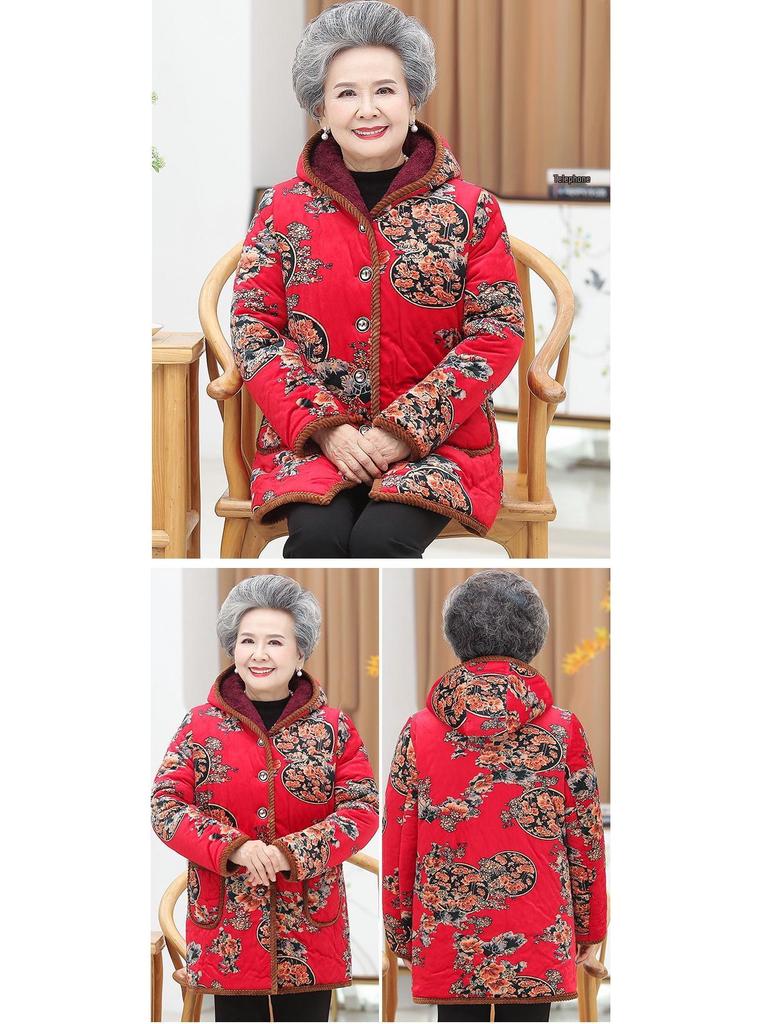 Women's Mid-Length Winter Jacket: Grandma Style, Fleece-Lined, Thickened Cotton for 60s-70s Cold Protection.