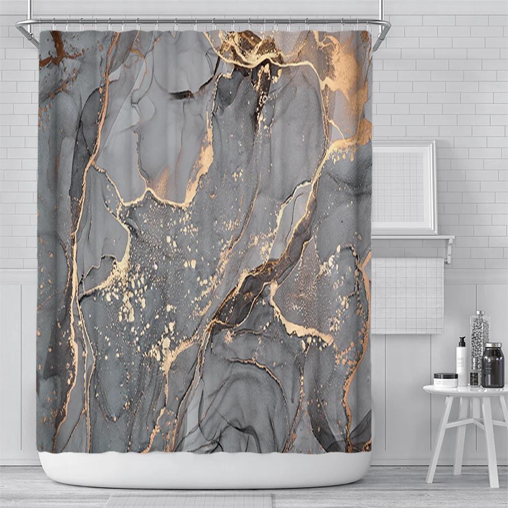Abstract Navy Blue Gold Marble Shower Curtain Modern Luxury Golden Cracked Lines Fabric Bathroom Curtain Fashion Decor With Hook