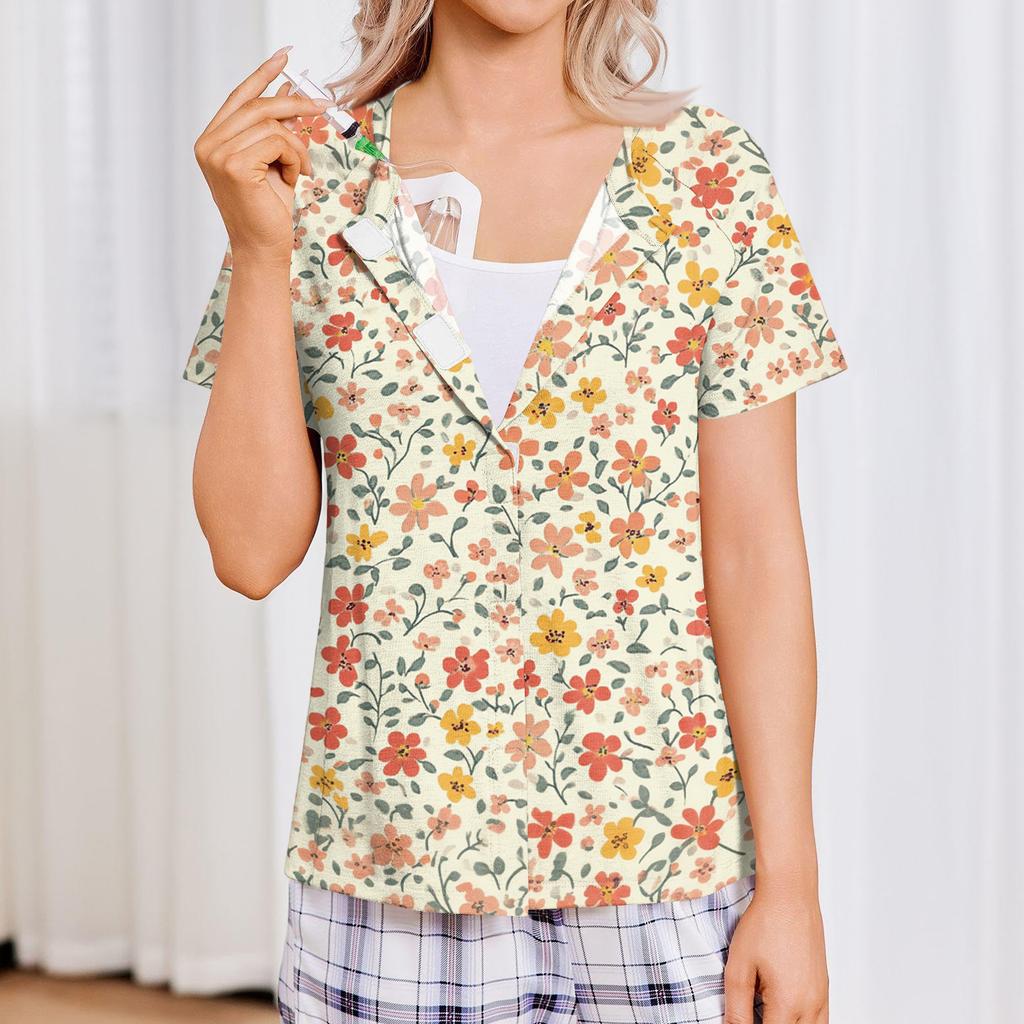 Women's Post-operative Short-sleeved  Color Shirt With Four Pockets