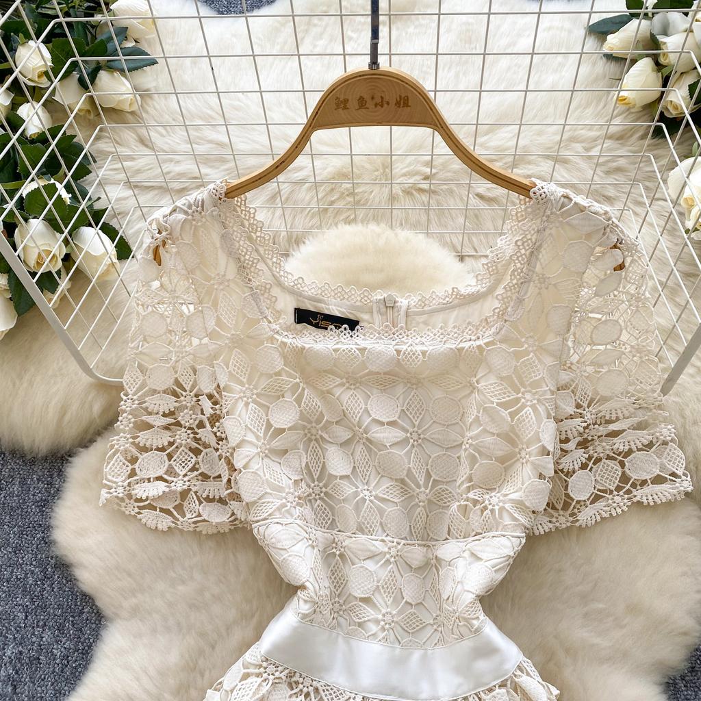 Vara Femei Maneca Scurta Guler Patrat Dantela Broderie Rochii Midi lungi de petrecere