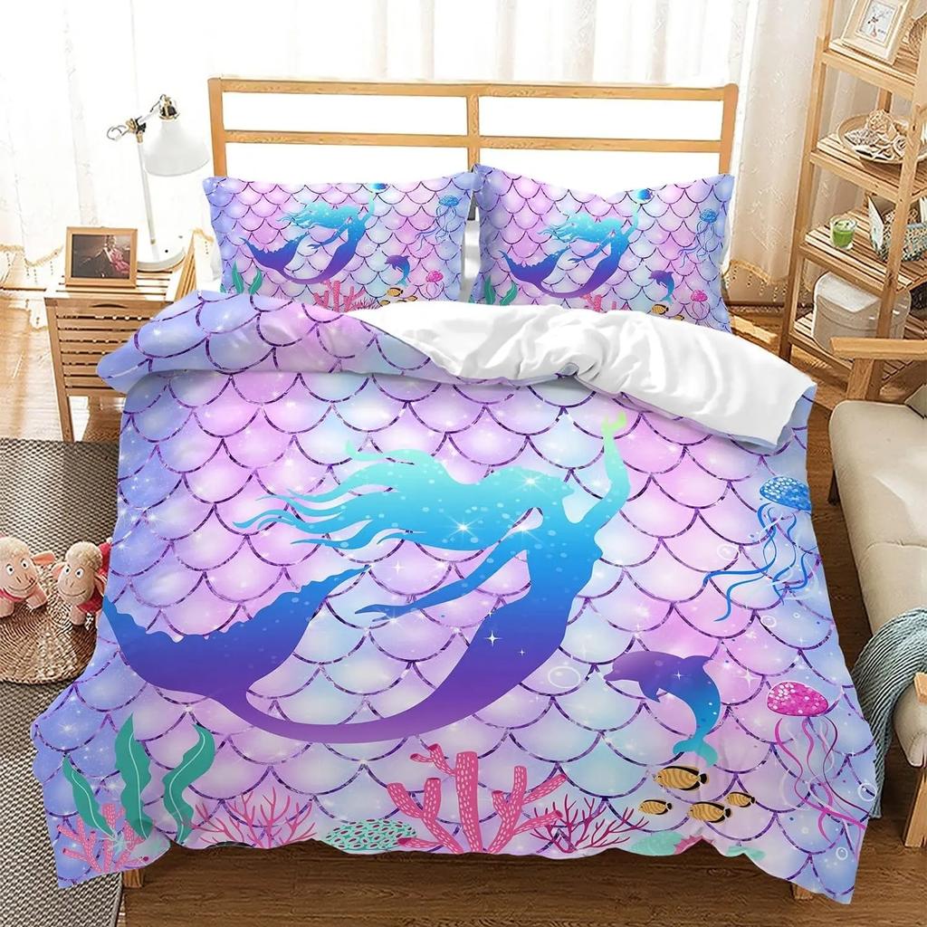 Pink Mermaid Bedding Set Comforter Twin for Kids, Glow In The Dark Mermaid Bedding Sets with Decor Pillow,3 Pieces Girls Bed Set