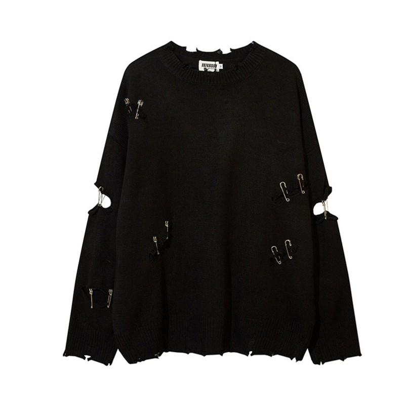 Oversized Distressed Knit Sweater With Safety