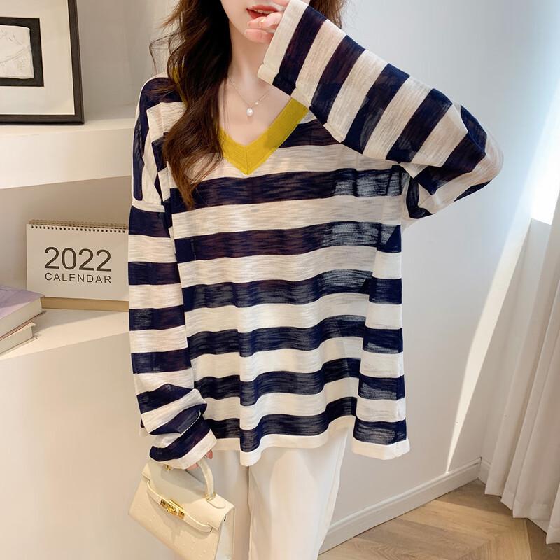 

MKN Women s Korean Style V-Neck Color-Block Striped Knit Sweater One Size